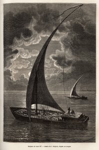 Les barques du haut Nile, omezená posádka a cestující spí na palubě, v měsíčním světle, rytina podle kresby J. Moyneta, znázorňující cestu do srdce Afriky v letech 1868-1871, od Dr. Georgese Schweinfurtha, publikováno v „“ Le tour du monde”” 1874, ed