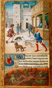 Yates Thompson 5, f.70v, Miniatura s ponory, hodující se svou ženou a přiblížený Lazarem, v městském panorámu, následovaný na spodním okraji Dives mučenými démony a sledovanými duší Lazara, kterou drží Bůh v nebi , a zdobené ini od Jean Poyer