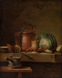 Zátiší s měděným hrncem, zelím, paličkou a sporákem od Jean Baptiste Simeon Chardin