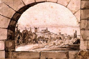 Pohled na město a jezero Bracciano, kolem roku 1810 (pero a sépiový inkoust se sépiovým mytím na papíře) od Jean Thomas Thibault