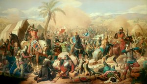 První křížová výprava: „“ Bitva u Ascalonu 12/08/1099, vítězství Godefroye de Bouillon (1061-1100) nad vezírem Afdalem““ Obraz Victora Schnetze (1787-1870) 1843 Ne. 3,15 x 5,56 m. Versailles. Zámecké muzeum