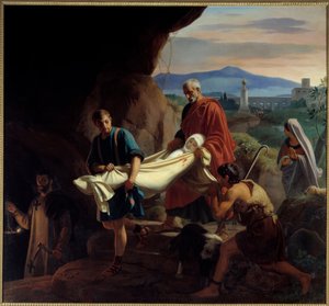 Pohřeb mladé křesťanky v katakombách v Římě v době pronásledování. Obraz Victora Schnetze (1787 - 1870)