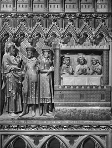 Katedrála, interiér, plátno, Ježíš Kristus se zjevuje dvěma učedníkům na cestě do Emauz, Večeře v Emauzích, kolem 1340-51 (polychromovaný kámen)