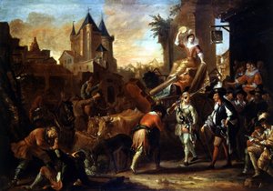 Příjezd komiků do Le Mans Painting ilustrující „The Comic Roman““ od Paula Scarrona (1610-1660). Obraz Jean-Baptiste (Jean Baptiste) Coulom (nebo Coulon) (asi 1695-1735)