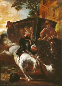 Ragotin s mušketou na zádech vyšplhá na svého koně, aby doprovázel skupinu, z románu „Roman Comique“ od Paula Scarrona (1610-60) 1712-16