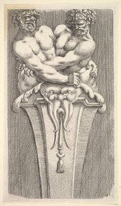 Design for a Term with two Bacchic Figures, from: Curieuses Recherches de Několik Beaus..., 1645. od Jean le Pautre