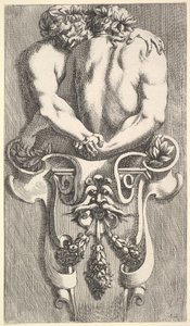 Design pro období se dvěma objímajícími satyry, od: Curieuses Recherches de Několik Beaus..., 1645. od Jean le Pautre