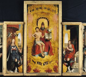 Polyptych Oslavování Nejsvětější Trojice, centrální panel zobrazující Trojici, Pannu Marii a sv. Jana Křtitele, kolem 1509-16
