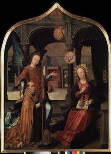 ""reprezentace zvěstování s patronem Guillaumem z Bruselu"" Centrální panel triptychu zvěstování (Zvěstování). Malba na dřevě Jean Bellegambe starší (1470-1534) Petrohrad, Ermitáž