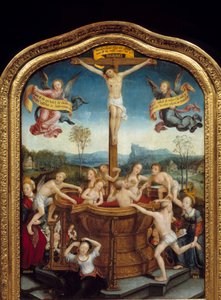 Mystická koupel. U paty kříže, na kterém je ukřižován Kristus, se muži a ženy koupou ve fontáně krve z těla Mesiáše. Centrální část triptychu. Malba na dřevě od Jean Bellegambe staršího (1470-1535) 1510-1520 Ne. 0,81x0