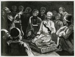 Perský vypravěč obklopuje své publikum. Rytina od autora Traveler pro ilustraci příběhu „“ Persie, Chaldejsko a Susiane““ od Jeanne Dieulafoy