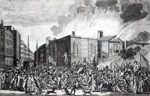 Přesná reprezentace vypálení, plenění a zničení Newgate vzbouřenci z památného 7. června 1780, vyryla Henry Roberts, 1781 od Jefferyes Hammett O
