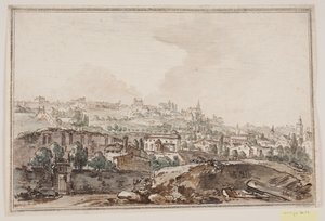Městská vyhlídka s domy a zdí u řeky; v pozadí kostely a paláce od Jens Petersen Lund