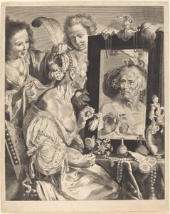 Stará žena u toaletního stolku od Jeremias Falck after Johann Liss after Bernardo Strozzi