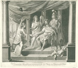 Alegorie na Národní shromáždění, 1796 Symbolický umělecký tisk v Národním shromáždění zastupující lid Nizozemska (název na objektu) od Jeremias Snoek