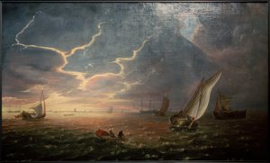Plachetnice na rozbouřeném moři při západu slunce od Jeronimus van Diest