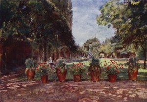 Kelmscott House, Pohled na dům a zahradu, při pohledu k řece (barva litho) od Jessie MacGregor