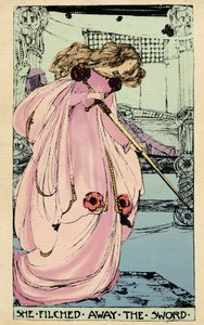 Fairy Morgane ukradne Excalibur pro svého milence, aby ho použil proti králi Artušovi. Ilustrace Jessie Marion King (1875-1949) ke knize „Vysoká historie Svatého grálu od Percevala Velšana, rytíře kulatého stolu“ od Sebastiana Evanse (1830