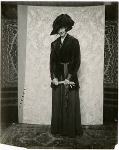 Červený sametový oblek s akordeonovou skládanou sukní, Arnold & Constable, cca 1905-18 (želatinová stříbrná fotografie) od Jessie Tarbox Beals