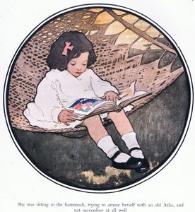 Seděla v houpací síti a snažila se pobavit starým atlasem a vůbec se jí nedařilo (barva litho) od Jessie Willcox Smith