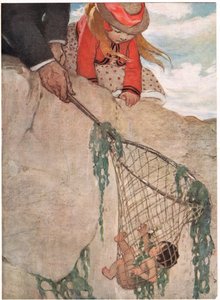 Tom zapletený do rybářské sítě, ilustrace z „The Water Babies“ od reverenda Charlese Kingsleyho (barevné lito) od Jessie Willcox Smith