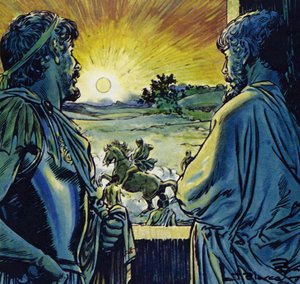 Alexandr uměl jezdit na Bucefalovi, ohnivém oři (barevná litografie)