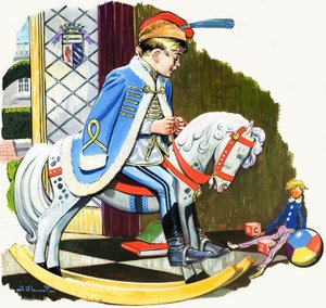 Chlapec na houpacím koni, ilustrace z knihy "Medvídek" (kvaš na papíře) od Jesus Blasco
