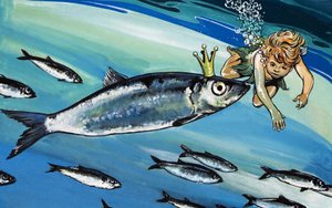 Chlapec plave s rybou, ilustrace z knihy "The Water Babies" od Charlese Kingsleyho (kvaš na papíře) od Jesus Blasco