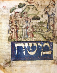 Mojžíš dostává tabulky Zákona (a Mojžíš píše v hebrejštině). Miniatury z hebrejské bible ze 14. století. Hebrejské muzeum od Jewish School