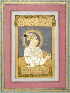 Portrét Muhammada Shaha držícího smaragd a náústek Huqqa, inkoust cca 1730 s wc a zlatem na papíře od Jharokha Nidha Mal