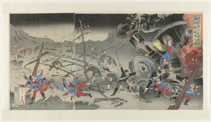 Zničení železnice v Mandžusku během rusko-japonské války Nichiro Shiberia tetsudô Manshûsen hakai no zu (název na objektu) od Jinsai Rosetsu