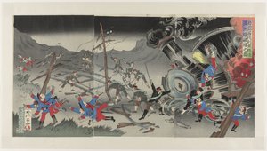 Zničení železnice v Mandžusku během rusko-japonské války Nichiro Shiberia tetsudô Manshûsen hakai no zu (název na objektu) od Jinsai Rosetsu