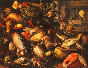 Zvěřina, ryby, ovoce a zelenina v koších a miskách ve spíži, 1569 od Joachim Beuckelaer
