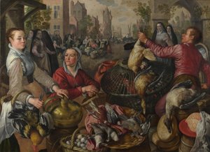 Čtyři živly: Drůbeží stání ve městě s marnotratným synem za ním - Alegorie vzduchu, 1569 od Joachim Beuckelaer
