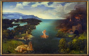 Průchod Styx Charon (Caron) na jeho lodi v podsvětí. Obraz od Joachima Patinira (Skater) (1485-1524) (ek.flam.) Ne 0,64x1,03 m Madrid, musee du Prado