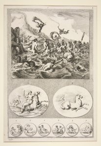 Horní polovina: Nereids Sporting Spodní polovina: Dva reliéfy a šest mincí od Joachim von Sandrart