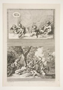 horní polovina: Říční bůh a Putti si hrají se symboly slávy spodní polovina: Trest Amora od Joachim von Sandrart