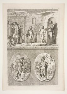 horní polovina: Čtyři starožitné sochy spodní polovina: Forge of Vulcan a Vítězný římský generál od Joachim von Sandrart