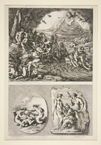 horní polovina: Quos Ego? spodní polovina: Dva starožitné reliéfy: Tři osudy a neznámý předmět od Joachim von Sandrart