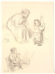 Dvě figurální studie. Nahoře sedící žena pozorující dítě u dveří; dole žena s praporem u klavíru od Joakim Frederik Skovgaard