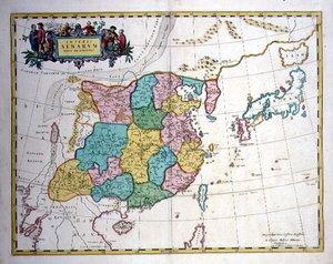 Japonsko, Čína a Korea jako poloostrov, cca 1700 (barevná rytina) od Joan Blaeu