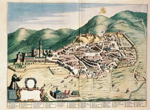 Mapa Assisi z Divadla města a nádherné Itálie, od Joan Blaeu, rytina od Joan Blaeu