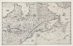 Mapa Kanady, rytina z průzkumu Samuela de Champlain od Joan Blaeu
