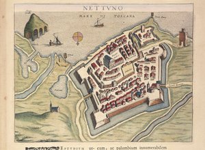 Mapa Nettuna, z divadla měst a divů Itálie, od Joan Blaeu, rytina od Joan Blaeu