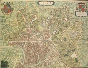 Mapa Říma, rytina z The Theatre of the City of Italy od Joan Blaeu, tištěná v Itálii