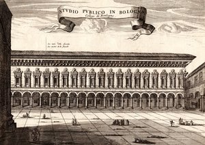 Palác Archiginnasio, Bologna, Emilia-Romagna, Itálie, mědirytina, cca 21x29 cm od Joan Blaeu