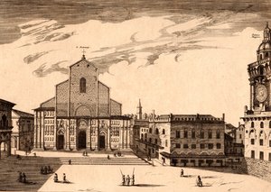Bazilika San Petronio na Piazza Maggiore, Bologna, Emilia-Romagna, Itálie, mědirytina, cca 21x29 cm od Joan Blaeu
