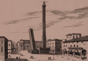Dvě věže (Asinelli a Garisenda), Bologna, Bologna, Emilia-Romagna, Itálie, mědirytina, cca 21x29 cm