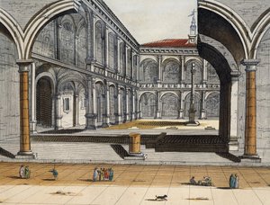 Pohled na vnitřní nádvoří staré univerzity v Bologni, Joan Blaeu, rytina, Itálie
