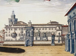 Pohled na staré náměstí v Bologni, rytina Giacoma Laura a Joana Blaeua z knihy Theatrum civitatum et admirandorum Italiae, vydané v Amsterdamu v roce 1663. od Joan Blaeu